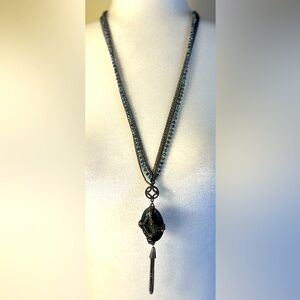 Dark Silver Multi-Strand Statement Necklace with Blue Stone and Crystal Accents